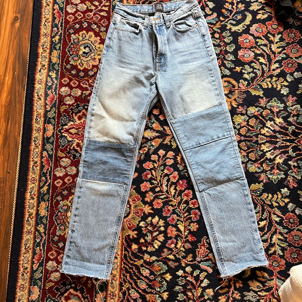 BDG Blue Straight Leg Jeans with Patchwork and Distressed Details